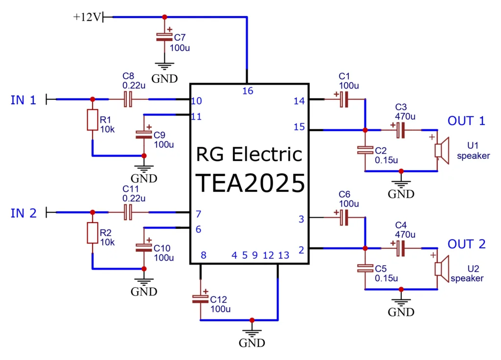 TEA2025 Stereo Audio Amplifier Circuit diagram